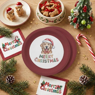 Prato De Papel Cachorro Golden Retriever Fofo de Natal