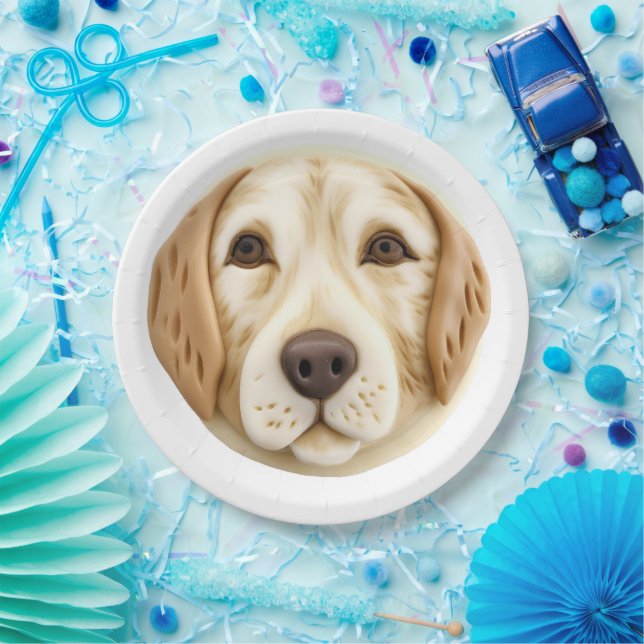 Prato De Papel Cachorro Golden Retriever Inspirado em 3D (Festa)