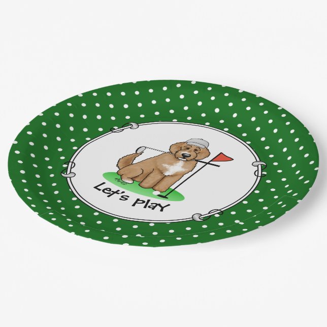 Prato De Papel Cachorro Goldendoodle Jogando Golfe (whmk2 vermelh (Inclinado)