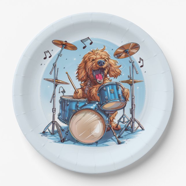 Prato De Papel Cachorro Goldendoodle Tocando Bateria (Frente)