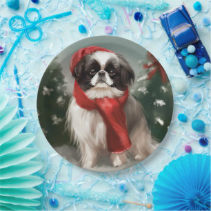 Prato De Papel Cachorro Japonês Chin na Neve Natal