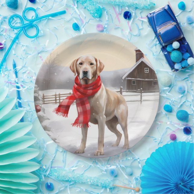Prato De Papel Cachorro Labrador na Neve Natal (Festa)