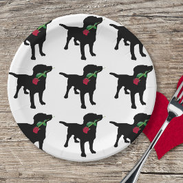 Prato De Papel Cachorro preto-branco segurando Rosa vermelha