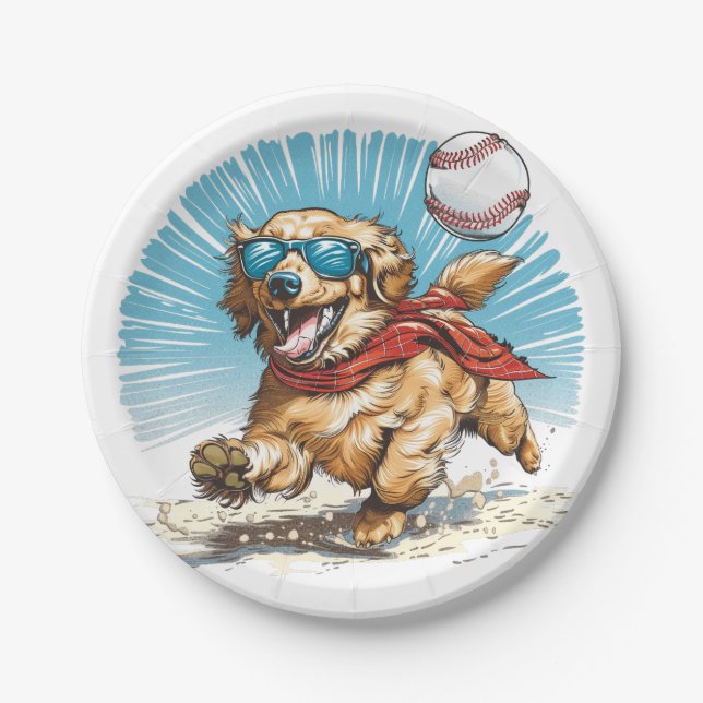 Prato De Papel Cachorro Retriever ouro Jogando Baseball (Frente)