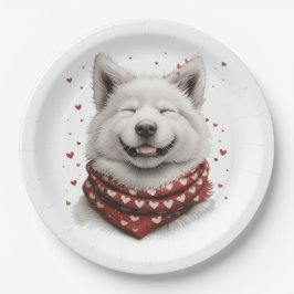 Prato De Papel Cachorro Samoyed no Dia dos Namorados