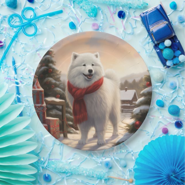 Prato De Papel Cachorro Samoyed no Natal da Neve (Festa)