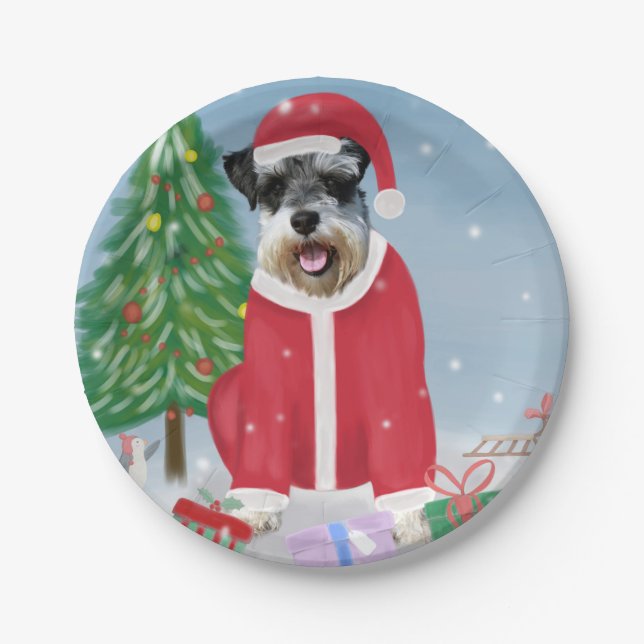 Prato De Papel Cachorro Schnauzer no Natal da Neve (Frente)