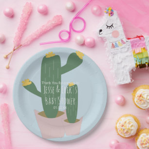 Prato De Papel Cactus Cupcakes Chá de Bebê Obrigado Azul