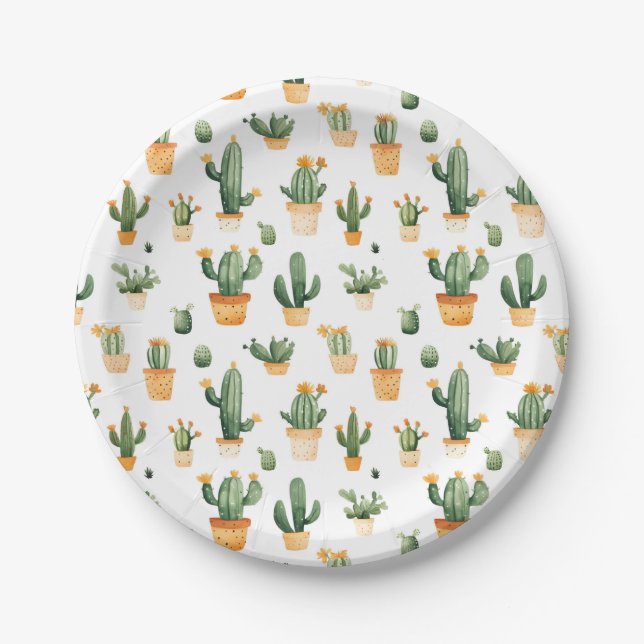 Prato De Papel Cactus Potado em Branco (Frente)