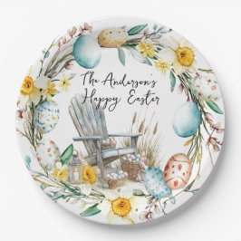 Prato De Papel Cadeiras de madeira e ovos de Páscoa e Páscoa flor