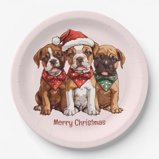 Prato De Papel Cães Boxer Feliz de Natal (Frente)