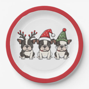 Prato De Papel Cães de Natal em Boston Terrier