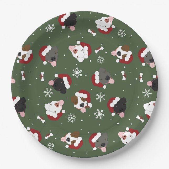 Prato De Papel Cães de Papai Noel no Verde (Frente)