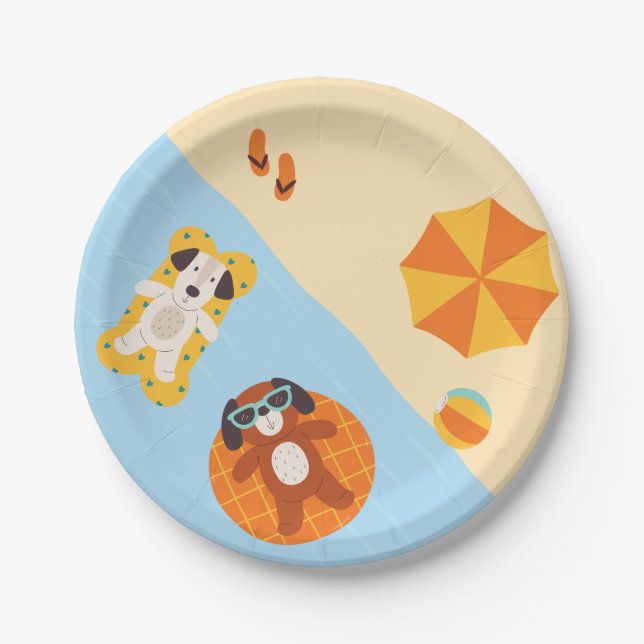 Prato De Papel Cães de verão engraçados na praia (Frente)