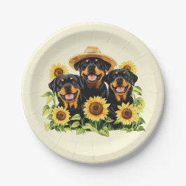Prato De Papel Cães Rottweiler Cercados Por Girassóis