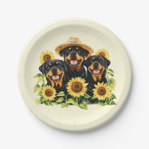 Prato De Papel Cães Rottweiler Cercados Por Girassóis