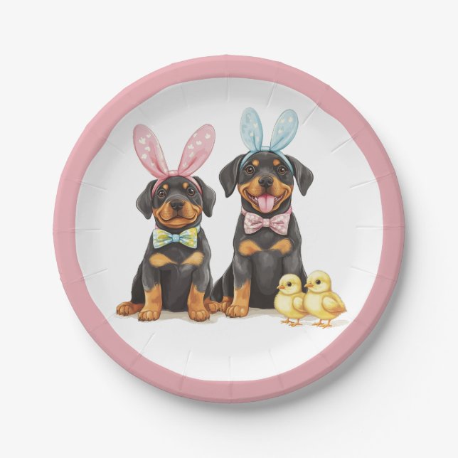 Prato De Papel Cães Rottweiler de Páscoa com Orelhas de Coelho (Frente)