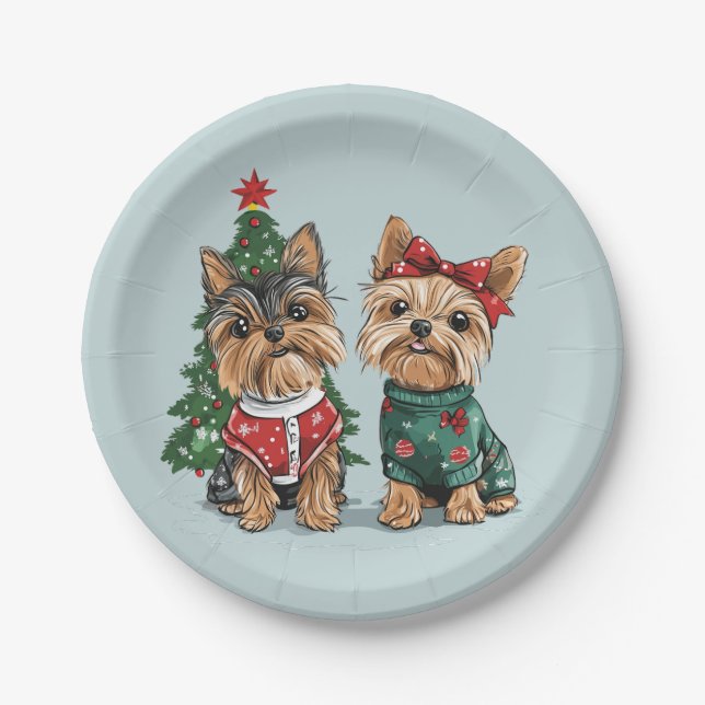 Prato De Papel Cães Yorkie de Natal (Frente)