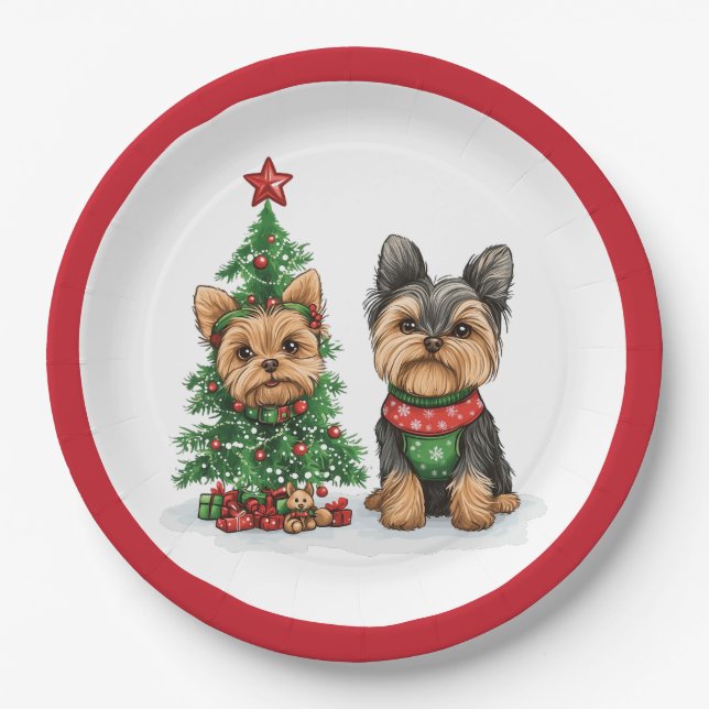 Prato De Papel Cães Yorkie de Natal (Frente)