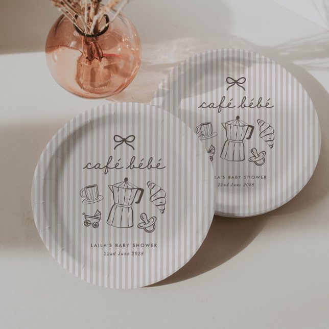 Prato De Papel Cafe Bebe Chuveiro de Bebê Café Listrado (Zazzle Cafe Bebe Home Coffee Baby Shower Stripy Paper Plates)