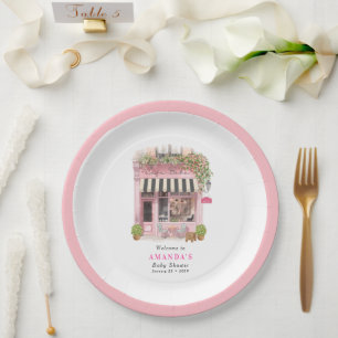 Prato De Papel Café Parisiense Bonjour Bebe Laço Rosa Baby Shower