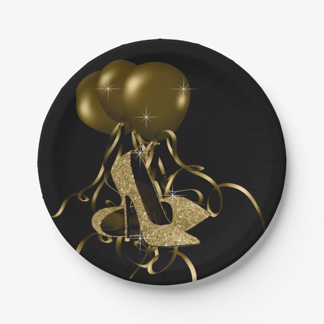 Prato De Papel Calçados de alto salto Dourado preto, mulheres no  (Frente)