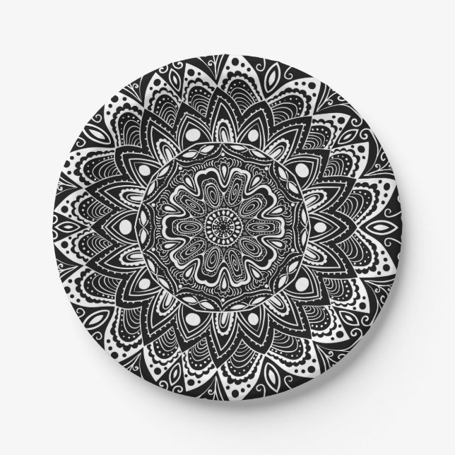 Prato De Papel Calidoscópio preto e branco (Frente)