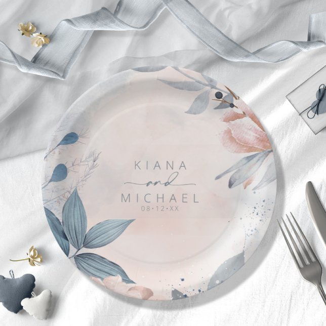 Prato De Papel Caligrafia Casamento Floral Dusty Blue ID771 (Criador carregado)