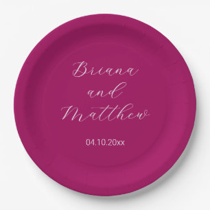 Prato De Papel Caligrafia Magra Casamento Magenta com Script Mini