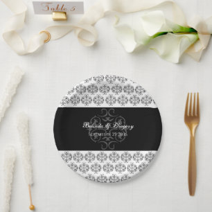 Prato De Papel Caligrafia Preto e Branco Casamento Damask Vintage