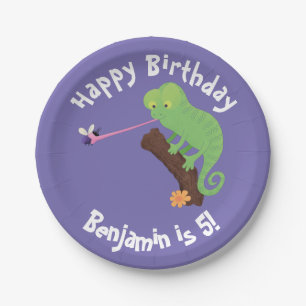 Prato De Papel Camaleão bonito pegando um desenho de inseto