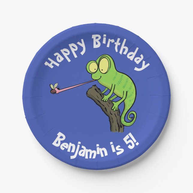 Prato De Papel Camaleão bonito pegando um desenho de inseto (Frente)