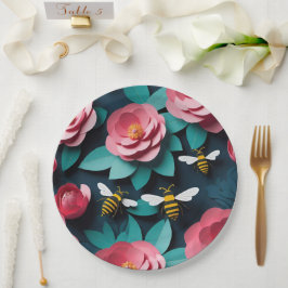 Prato De Papel Camellias Rosa Cortadas De Papel E Abelhas Marinho