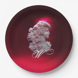 PRATO DE PAPEL CAMEO ANTIGO, SENHORA COM MONOGRAMA DE UVAS