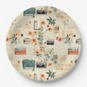 Prato De Papel Câmera Vintage Rádio Floral Azul Turquesa Laranja