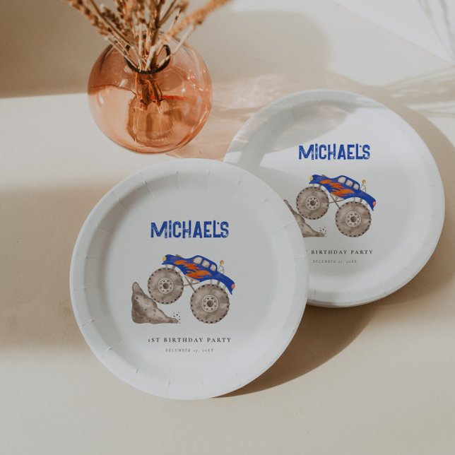 Prato De Papel Caminhão de Monstro Azul Brilhante (Criador carregado)