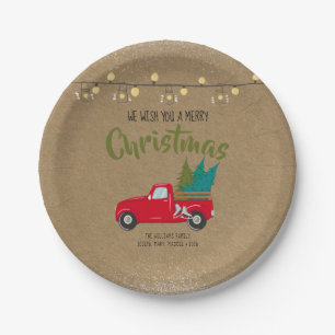 Prato De Papel Caminhão Vermelho Vintage com Árvores de Natal e