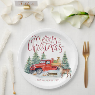Prato De Papel Caminhão Vermelho Vintage Natal Personalizado Fa