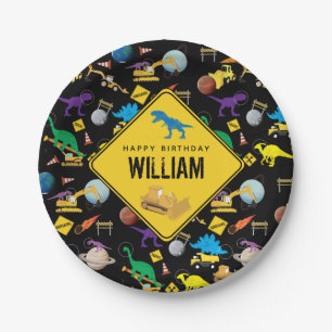 Prato De Papel Caminhões de Construção Dinossauros no Espaço Aniv