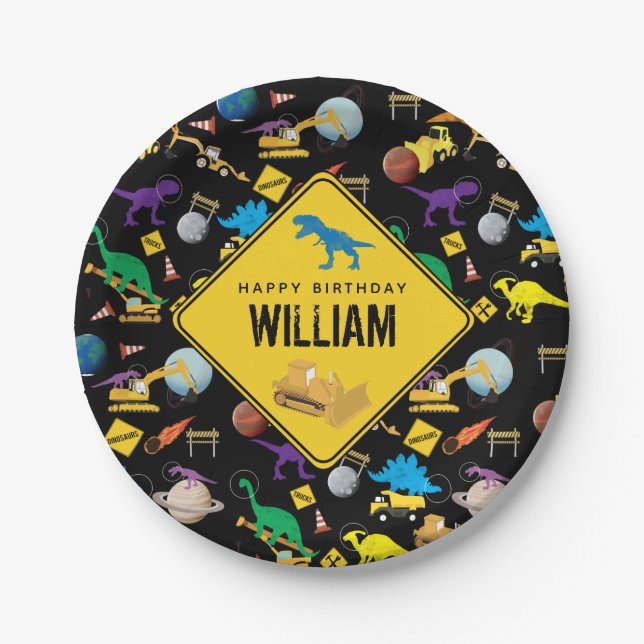 Prato De Papel Caminhões de Construção Dinossauros no Espaço Aniv (Frente)