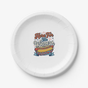 Prato De Papel Camiseta Vintage Hot Dog Here For The Wieners_1