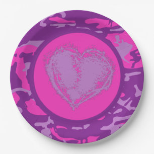 Prato De Papel Camo cor-de-rosa e roxo com coração