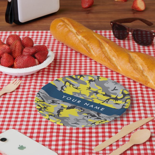 Prato De Papel Camuflagem Amarela e Cinza Seu nome Personaliza (Piquenique)