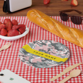 Prato De Papel Camuflagem rosa e Cinza Seu nome Personaliza