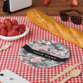 Prato De Papel Camuflagem rosa e Cinza Seu nome Personaliza
