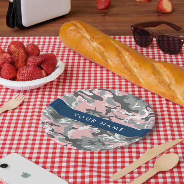 Prato De Papel Camuflagem rosa e Cinza Seu nome Personaliza (Piquenique)