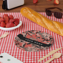 Prato De Papel Camuflagem Vermelha e Castanha Seu nome Personaliz