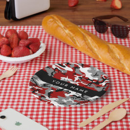 Prato De Papel Camuflagem Vermelha e Cinza Seu nome Personaliza