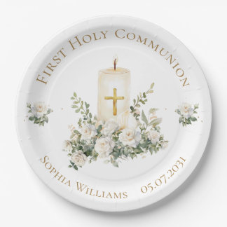 Prato De Papel Candle Cross Flowers First Holy Communion 