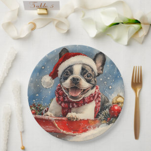 Prato De Papel Cão Boston Terrier em Trenó Deixe Nevar Natal